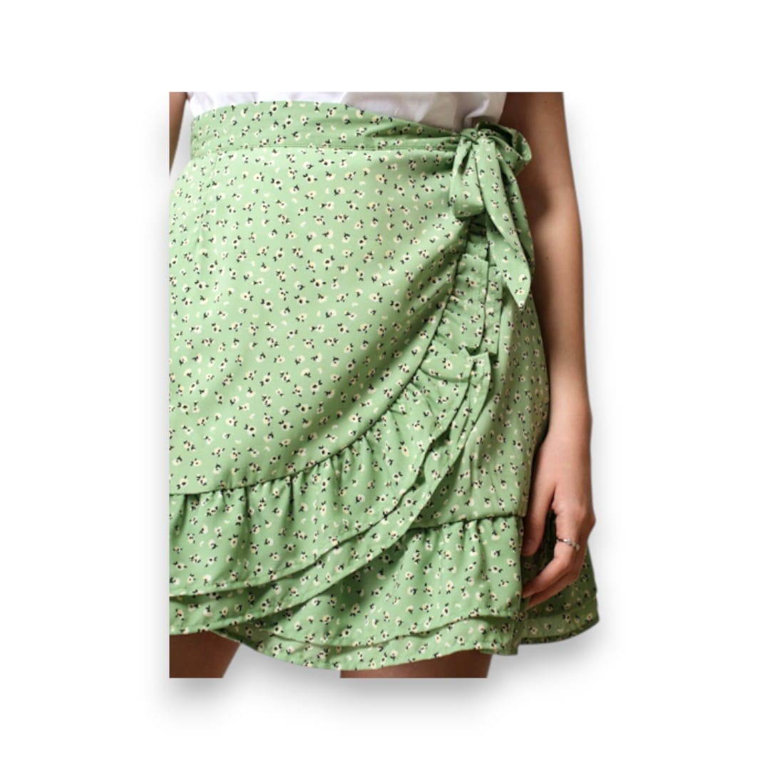 JUPE PORTEFEUILLE VERT AVEC FLEURS BLANCHES WOMANCE LARGE