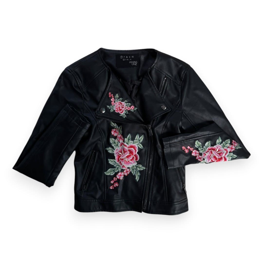 MANTEAU NEUF FAUX CUIRE NOIRE AVEC FLEURS PENTAGONE X-SMALL