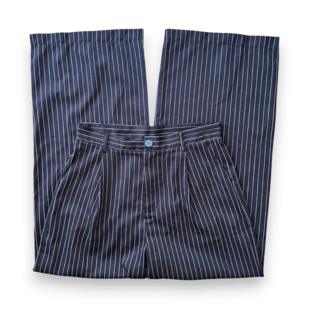 PANTALONS TAILLE HAUTE BLEU MARIN LIGNÉ BLANC PATTES ÉVASÉS CIDER LARGE