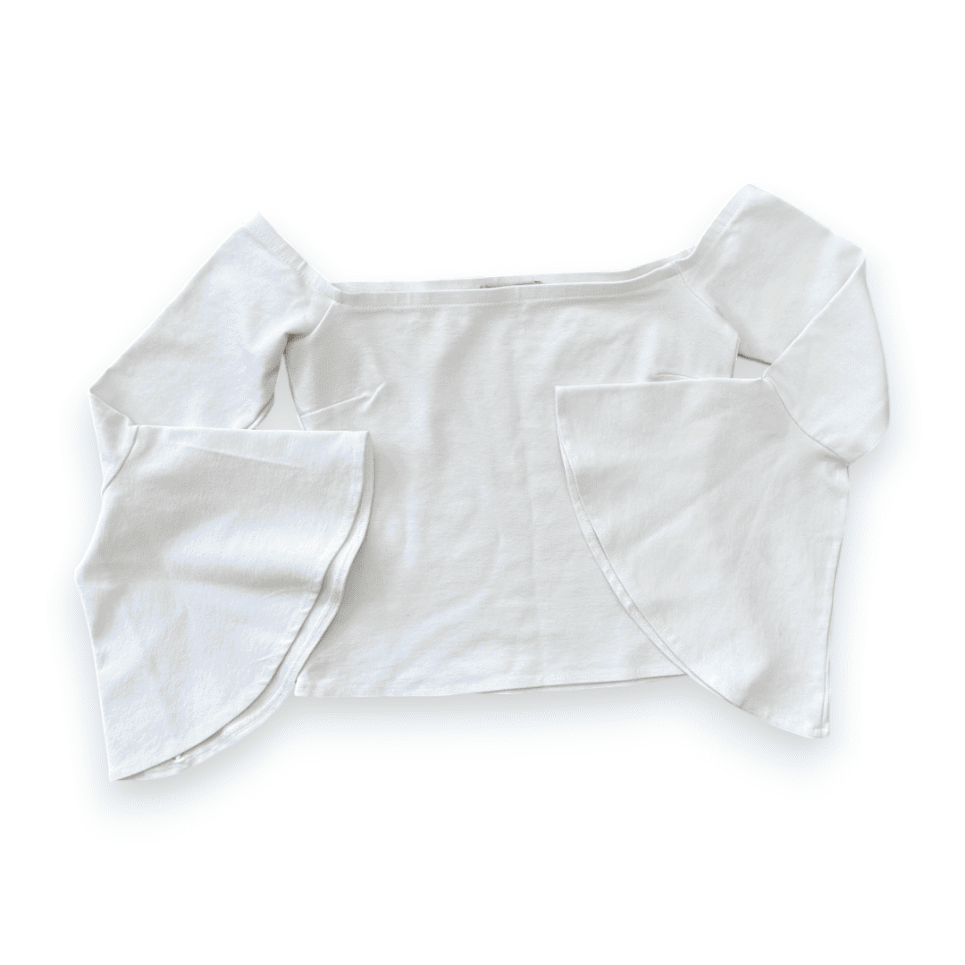 CROP TOP BLANC ÉPAULES NUES MANCHES ÉVASÉS GUESS X-SMALL