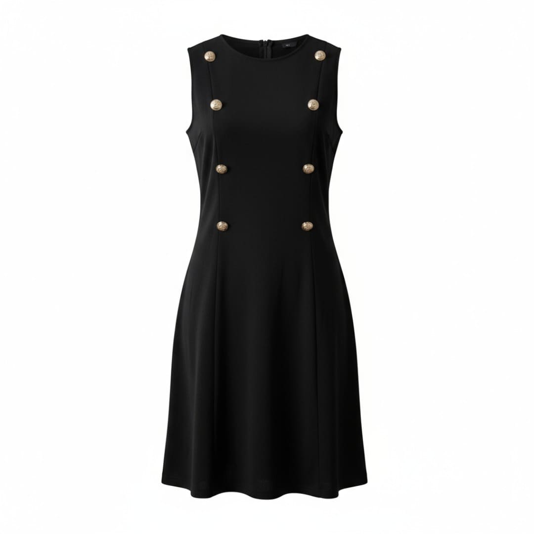ROBE NOIRE AVEC BOUTONS DORÉS LARGE