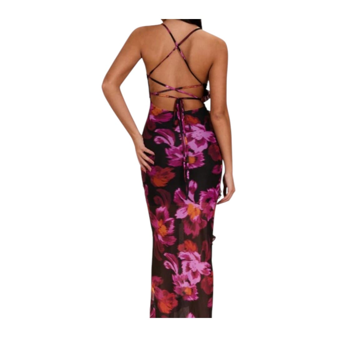 ROBE FLORAL ROSE ET MAUVE DOS OUVERT MEDIUM