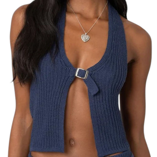 CROP TOP ATTACHÉ DANS LE COUP LAINE BLEU MARIN EDIKTED MEDIUM