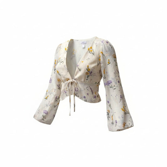 BLOUSE CRÈME AVEC FLEURS COL V LARGE