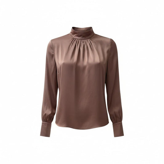 BLOUSE EN SATIN MANCHES LONGUES MARRON VÉRO MODA X-SMALL