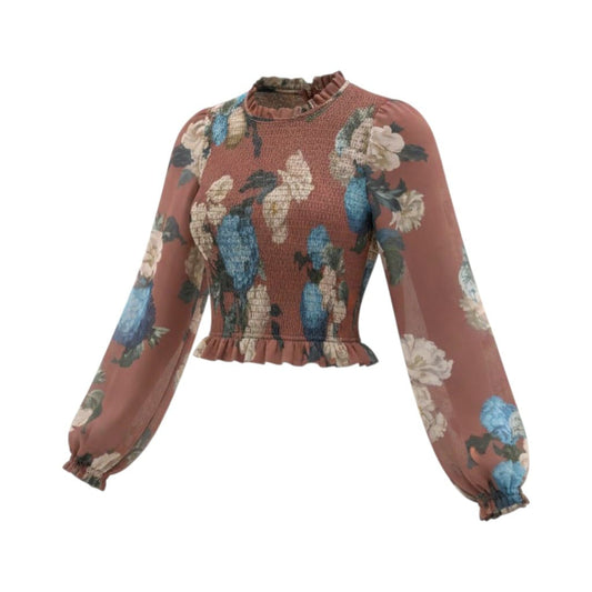 BLOUSE HAUT CROP MARRON AVEC FLEURS WILFRED X-SMALL