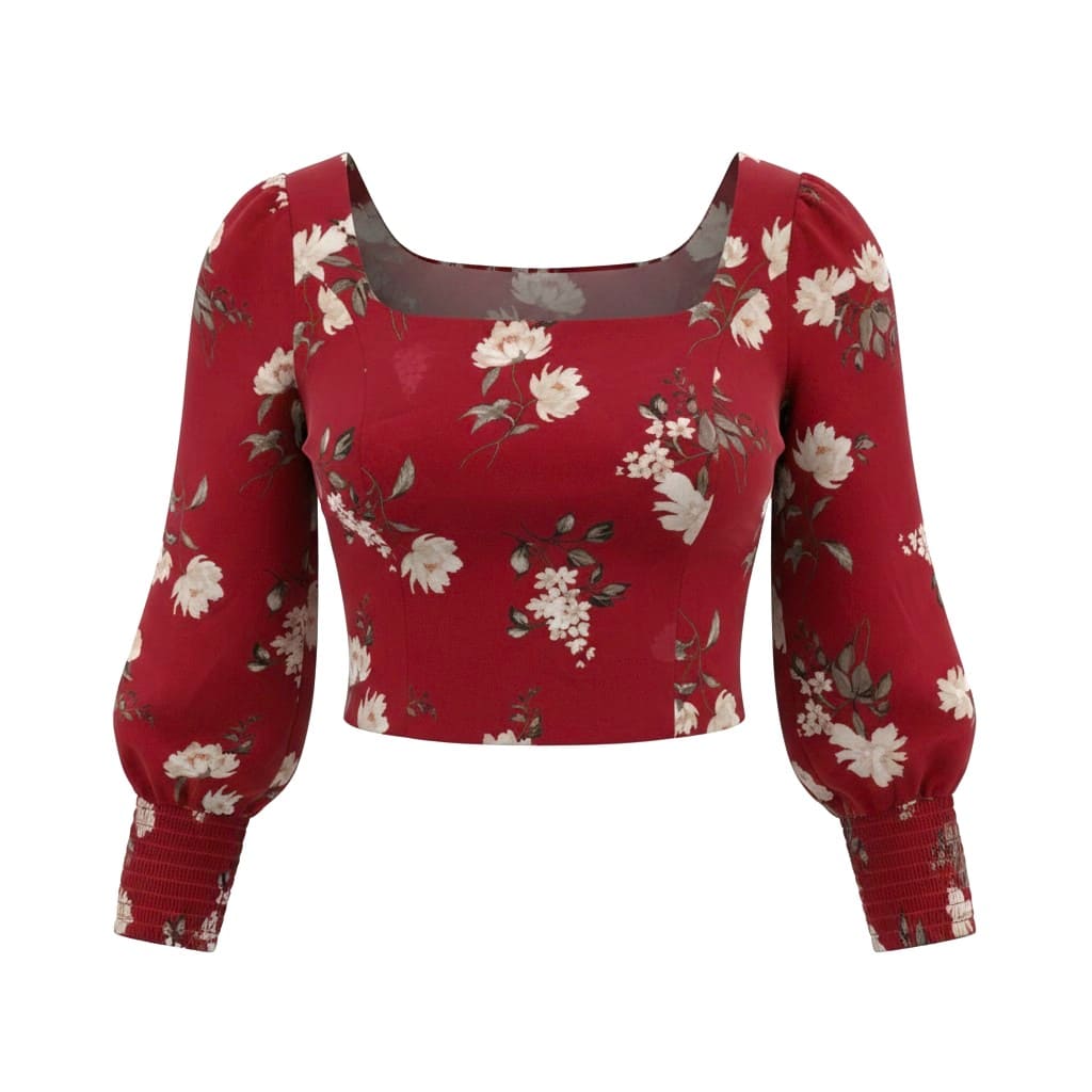 CROP BLOUSE BOURGOGNE AVEC FLEURS DYNAMITE SMALL