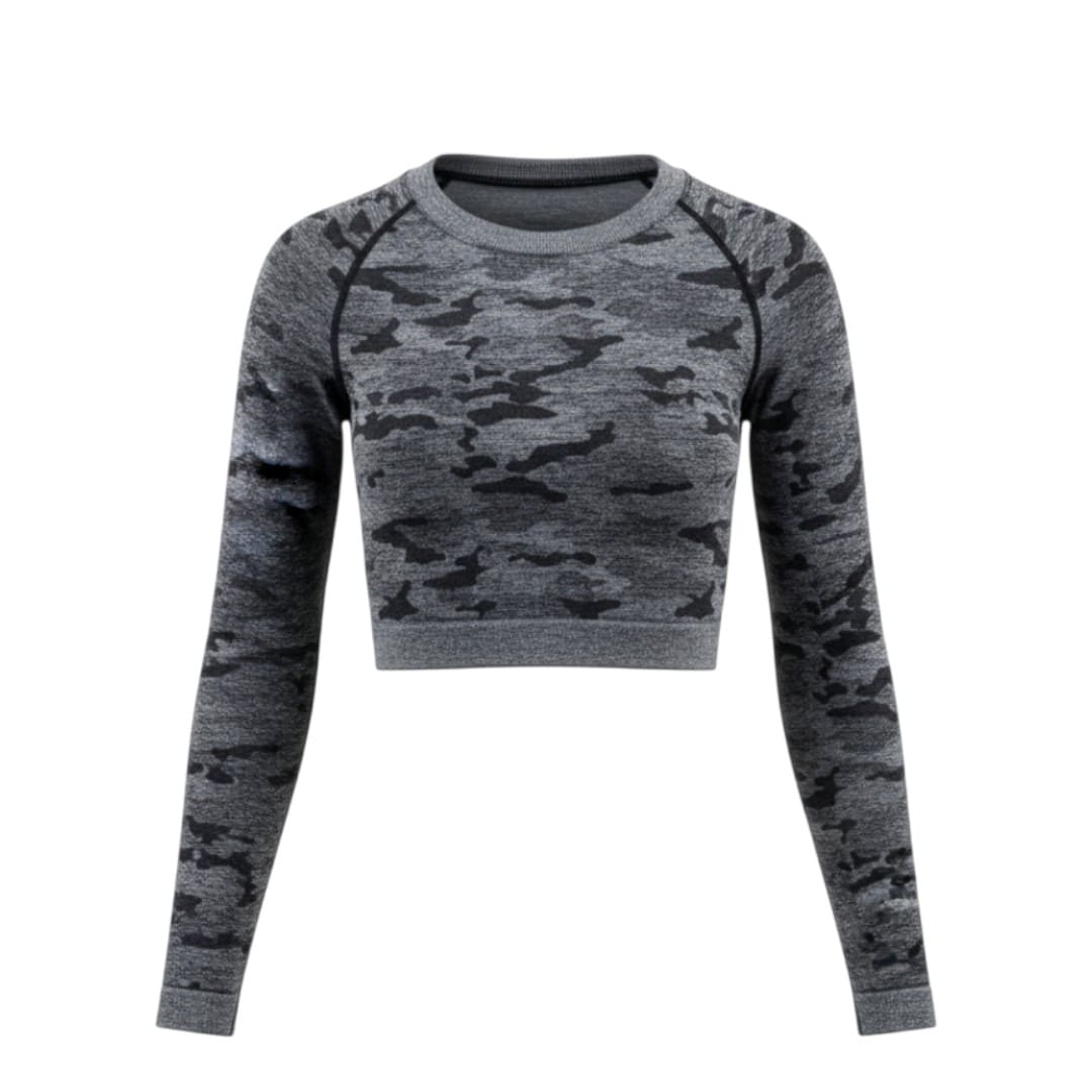 CROP TOP CHANDAIL MANCHES LONGUES DE SPORTS GRIS CAMOUFLAGE MEDIUM