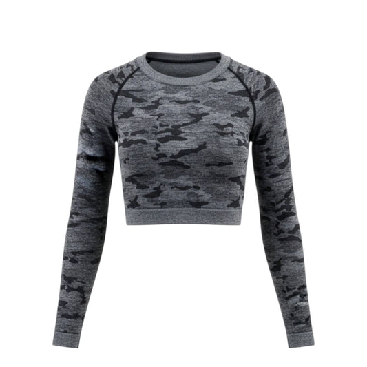 CROP TOP CHANDAIL MANCHES LONGUES DE SPORTS GRIS CAMOUFLAGE MEDIUM