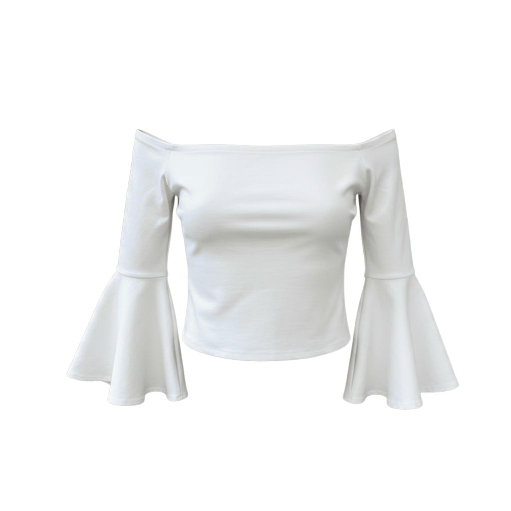 CROP TOP BLANC ÉPAULES NUES MANCHES ÉVASÉS GUESS X-SMALL
