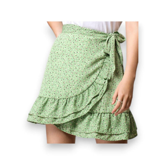 JUPE PORTEFEUILLE VERT AVEC FLEURS BLANCHES WOMANCE LARGE