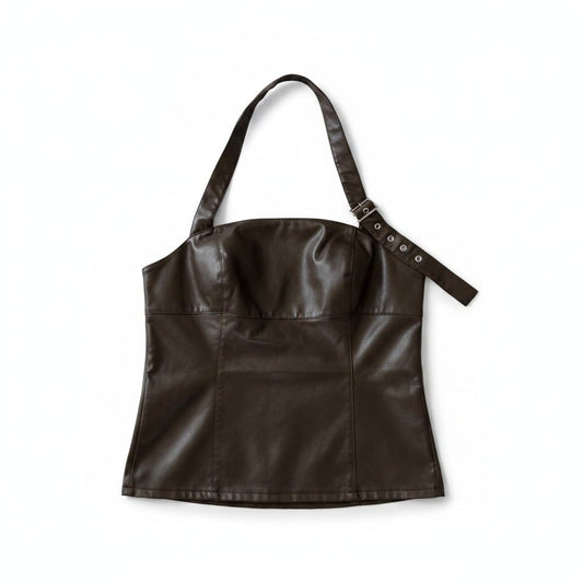 HAUT SANS MANCHES EN FAUX CUIR MARRON DOS OUVERT LARGE
