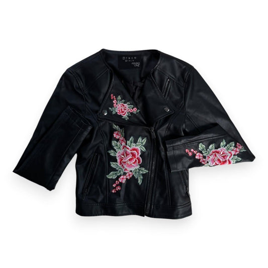 MANTEAU NEUF FAUX CUIRE NOIRE AVEC FLEURS PENTAGONE X-SMALL