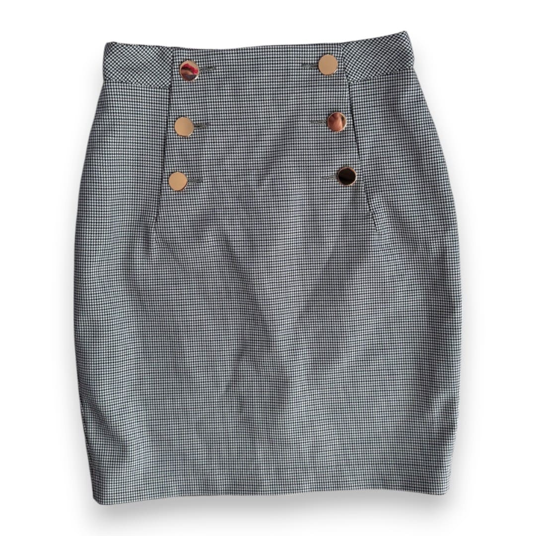 JUPE TAILLE HAUTE MOTIFS GRIS H&M AVEC BOUTONS DORÉS X-SMALL