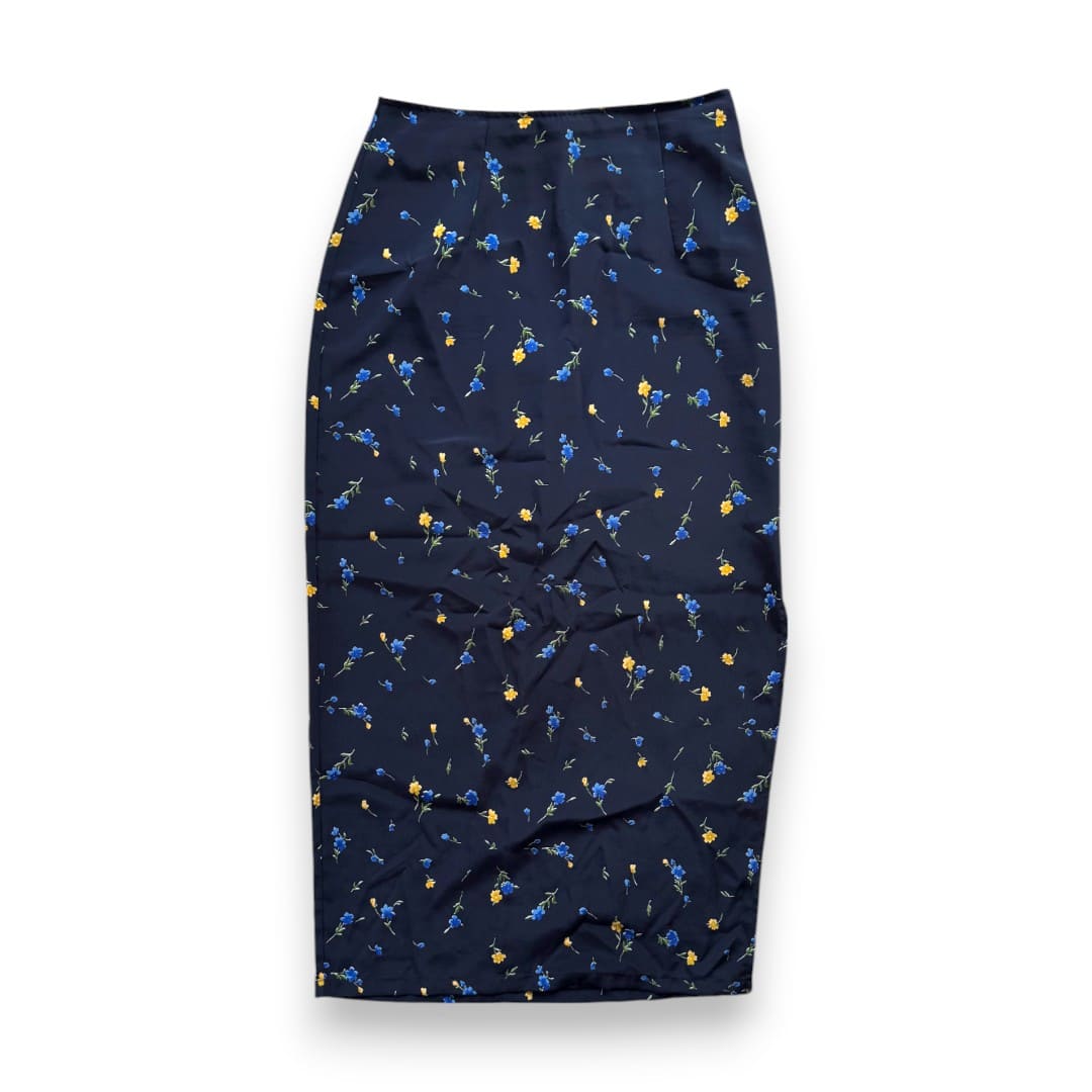 JUPE LONGUE TAILLE HAUTE BLEU MARIN AVEC DES FLEURS LARGE
