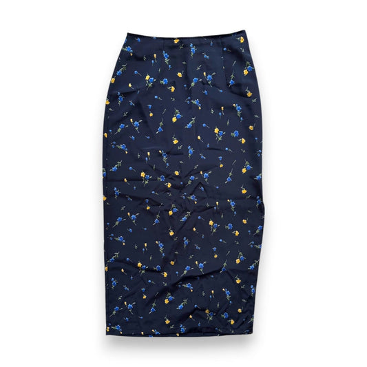 JUPE LONGUE TAILLE HAUTE BLEU MARIN AVEC DES FLEURS LARGE