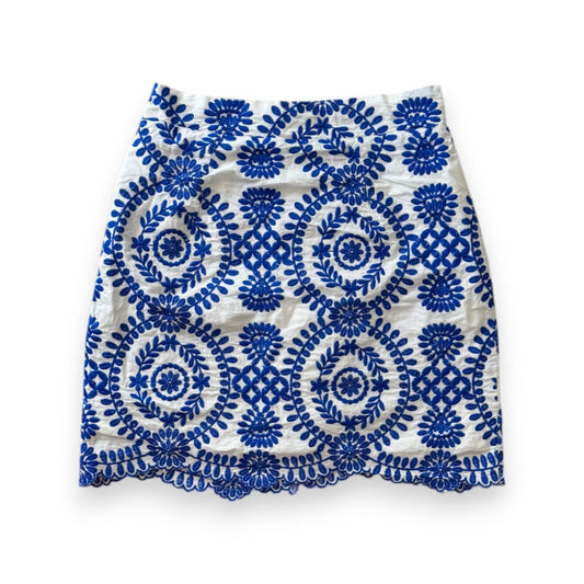 JUPE TAILLE HAUTE BLANCHE AVEC FLEURS BLEU X-SMALL