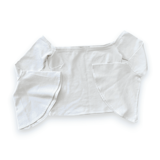 CROP TOP BLANC ÉPAULES NUES MANCHES ÉVASÉS GUESS X-SMALL