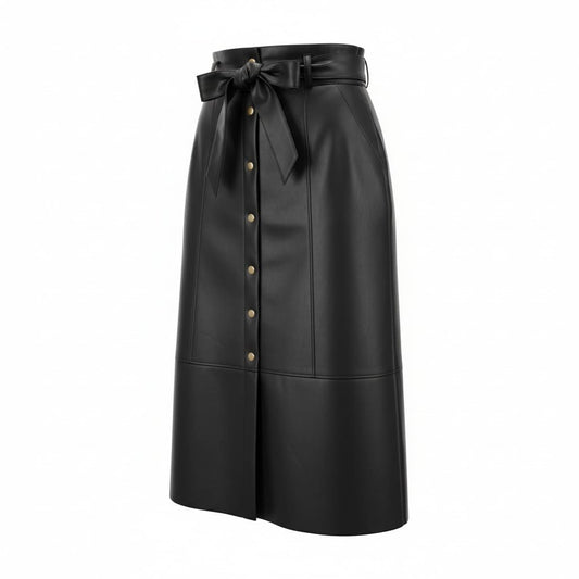 JUPE MI-LONGUE TAILLE HAUTE NOIR FAUX CUIR MEDIUM