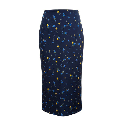 JUPE LONGUE TAILLE HAUTE BLEU MARIN AVEC DES FLEURS LARGE