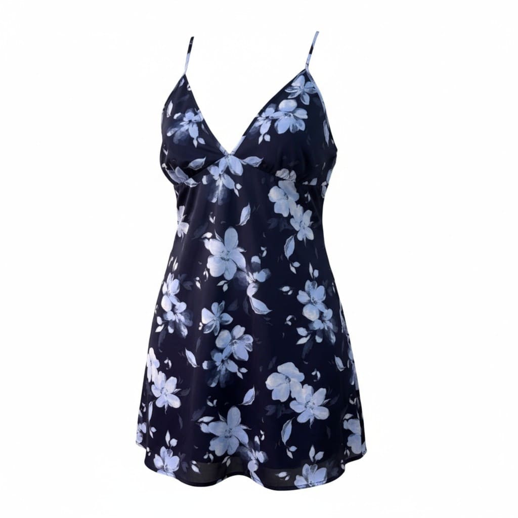 ROBE NUISETTE BLEU MARIN SATIN AVEC FLEURS LA VIE EN ROSE MEDIUM