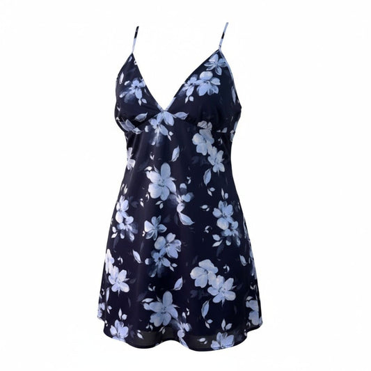 ROBE NUISETTE BLEU MARIN SATIN AVEC FLEURS LA VIE EN ROSE MEDIUM