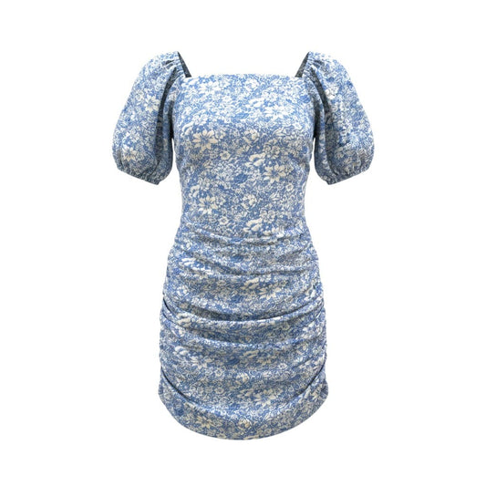 ROBE SCRUNCHIE BLEU AVEC FLEURS BLANCHES SMALL