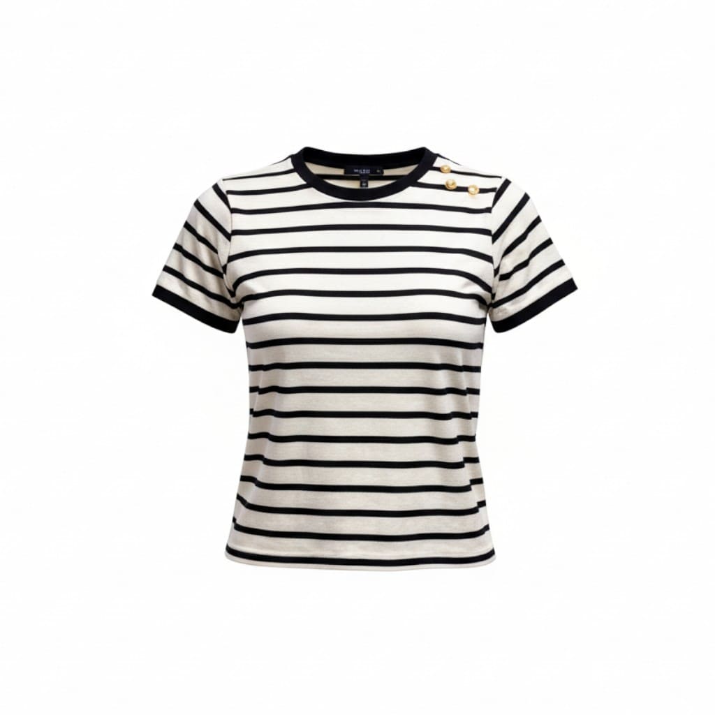 T-SHIRT CRÈME LIGNÉ NOIR AVEC BOUTONS C&A LARGE